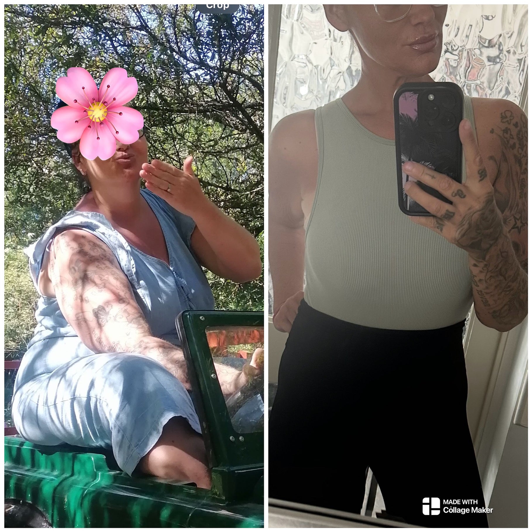 Two side-by-side images: one of a person with a pink flower over their face outdoors, and another of a person taking a mirror selfie indoors.
