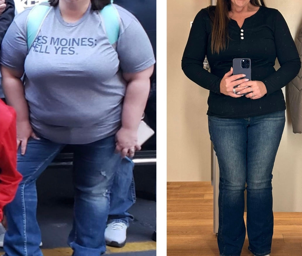 Before and after weight loss transformation of a person wearing jeans and a black shirt.