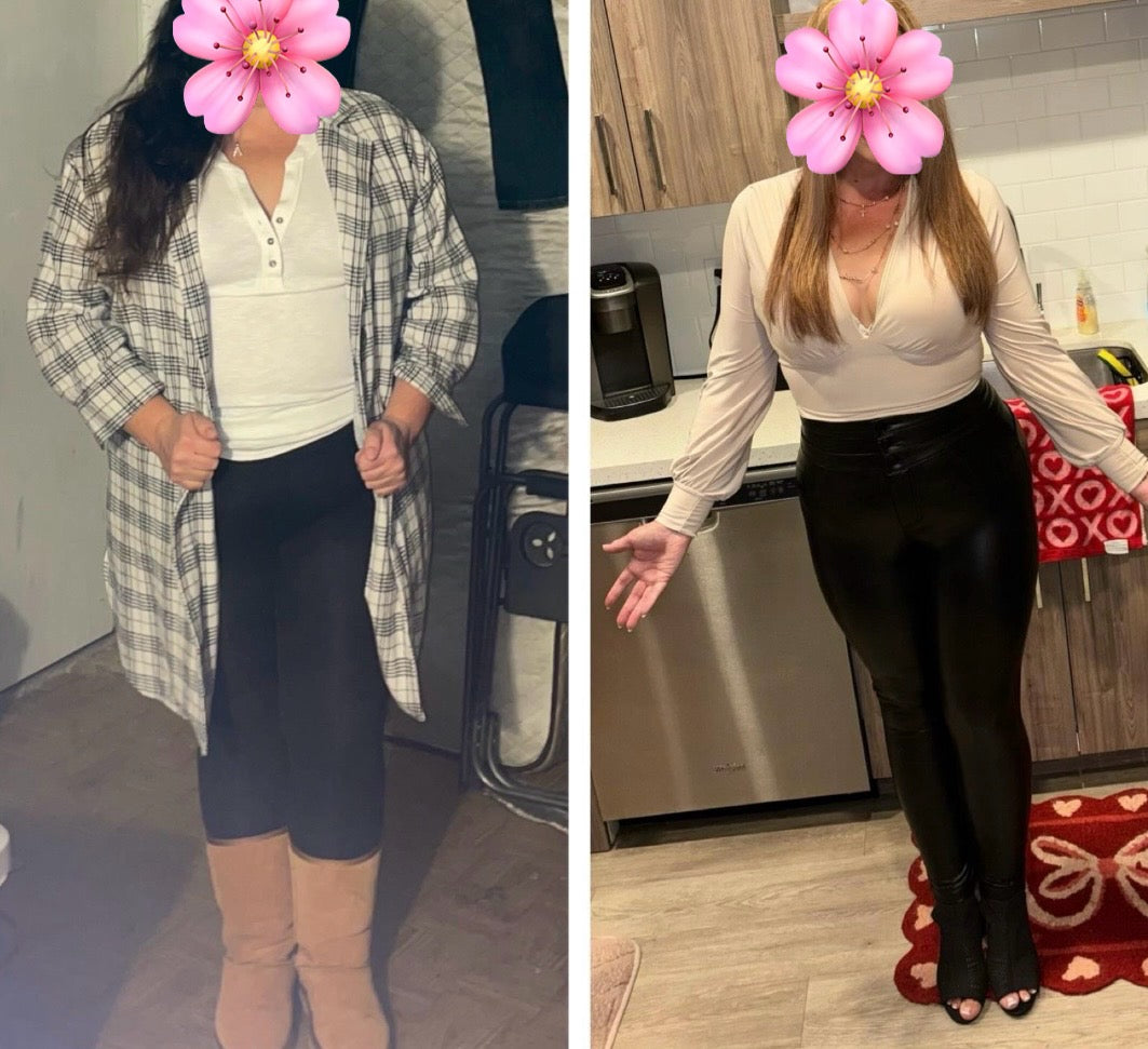 Two side-by-side images of a person wearing different outfits with a pink flower headband.