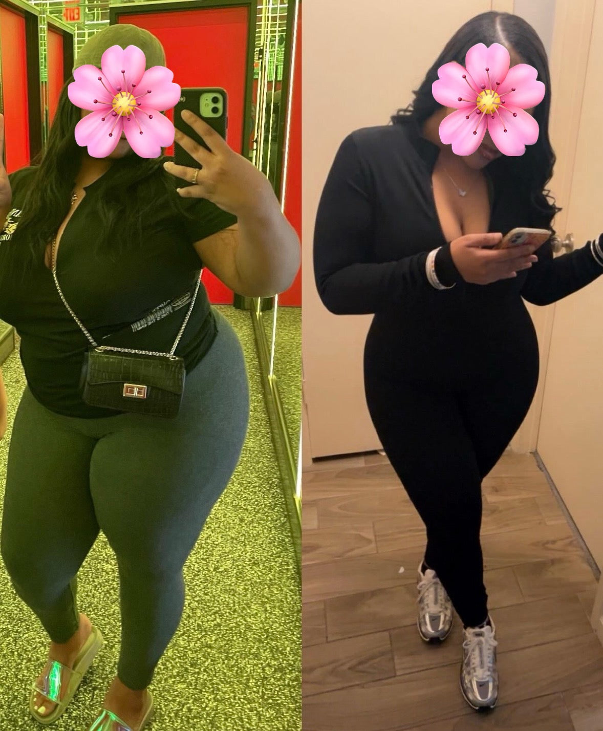Two images of a person taking mirror selfies, one in green and one in black outfits with a pink flower filter.