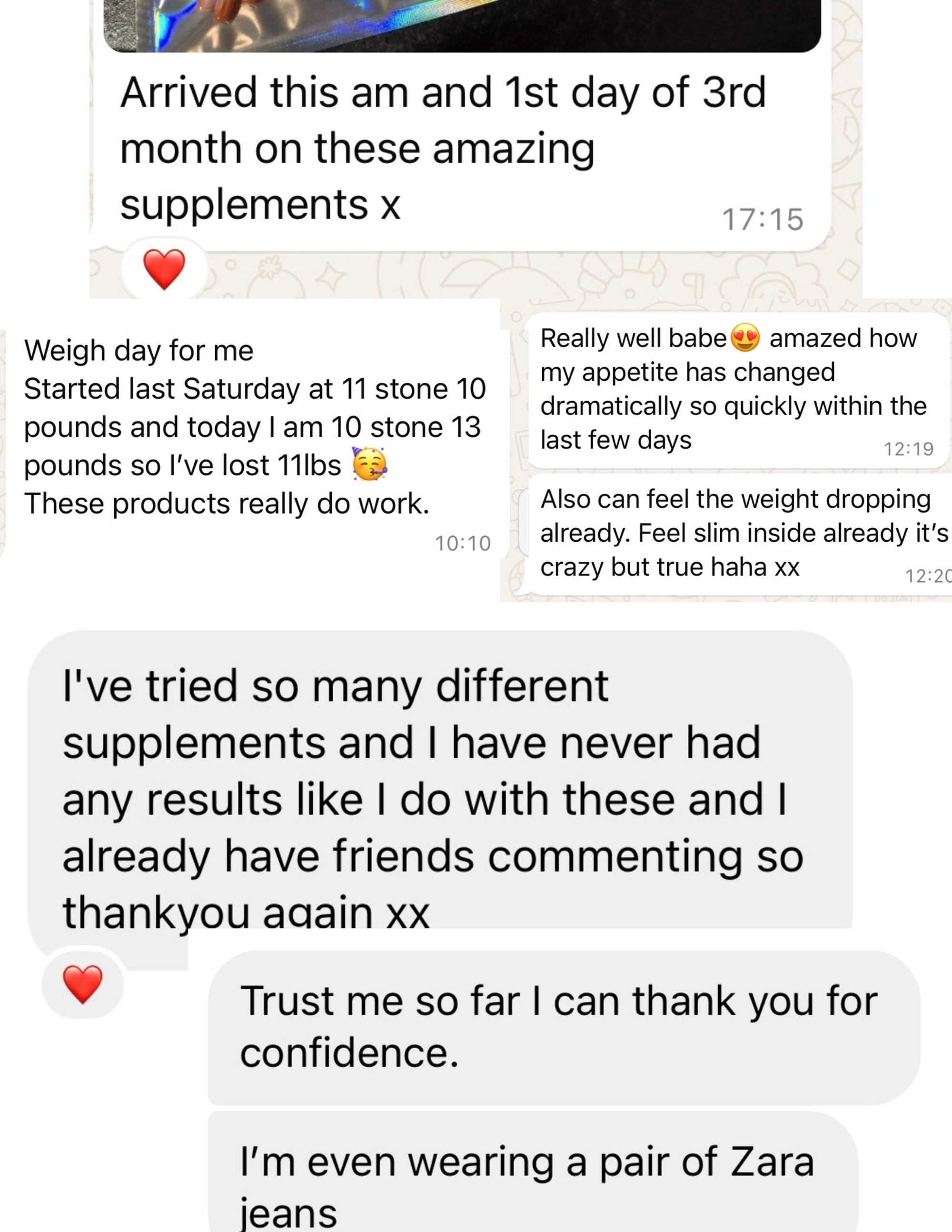 Text conversation about weight loss results with positive feedback on supplements.