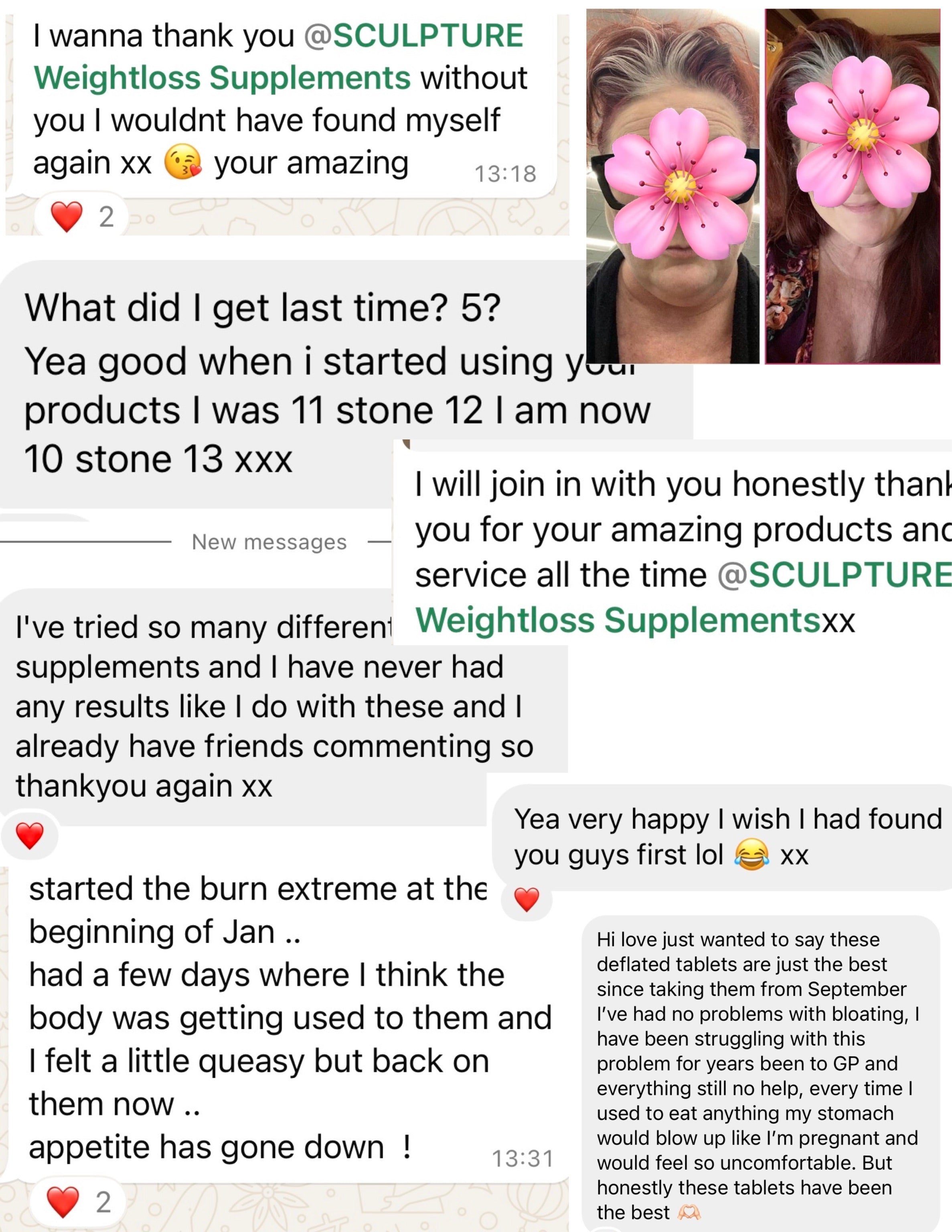 Screenshots of a conversation about weightless supplements with positive feedback.